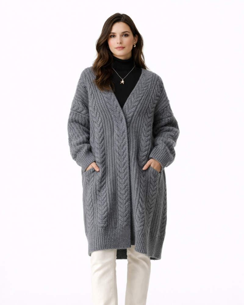 Mélanie Cardigan Long Femme Maille – Gilet Long Épais Chaud Style Élégant Hiver