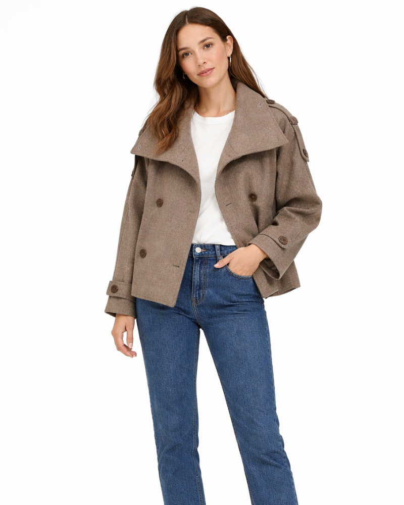 Lyra Damen-Pea Coat – Kurzer Mantel mit Doppelknopfleiste und Oversize-Kragen