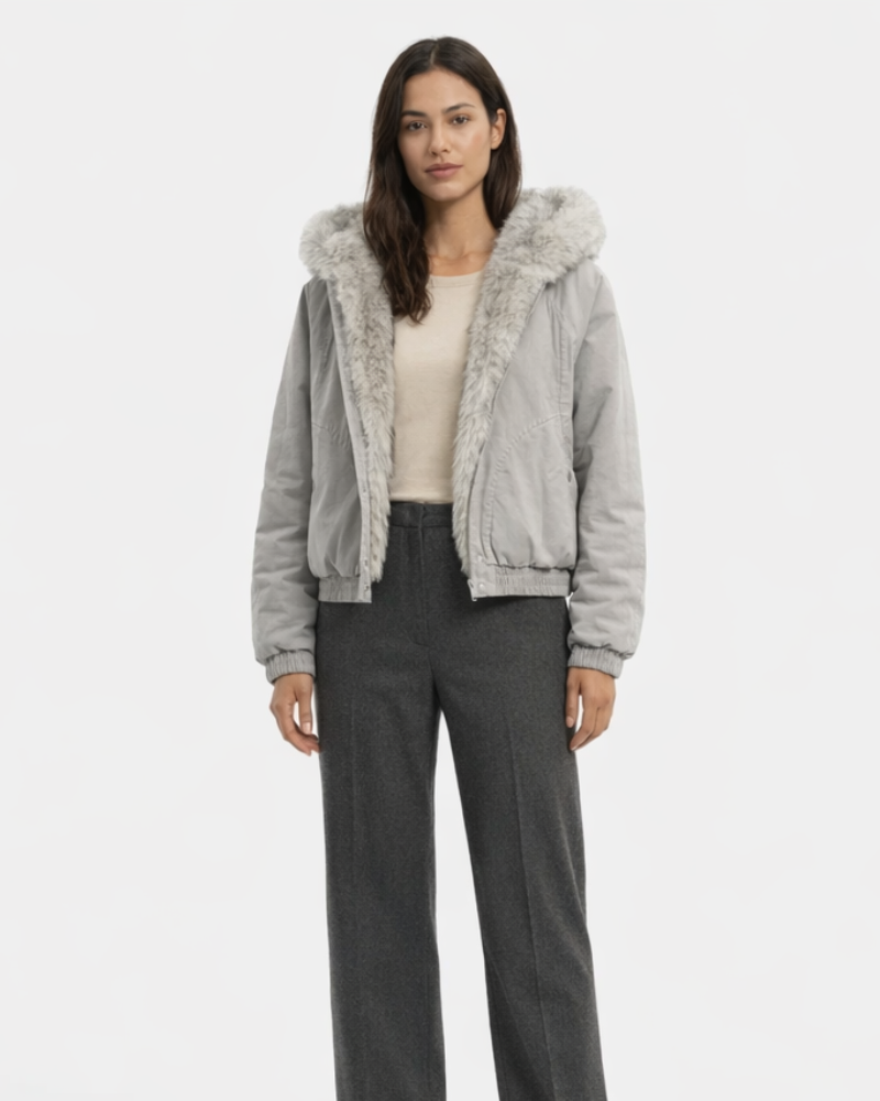 Mabel Damen Wintermantel – Warmer Mantel mit Kapuze und Pelzkragen im Vintage-Stil