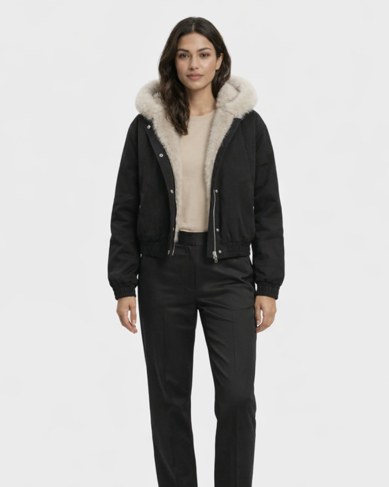Casaco Mulher Mabel Inverno – Casaco Quente com Capuz e Gola com Efeito Pele Estilo Vintage