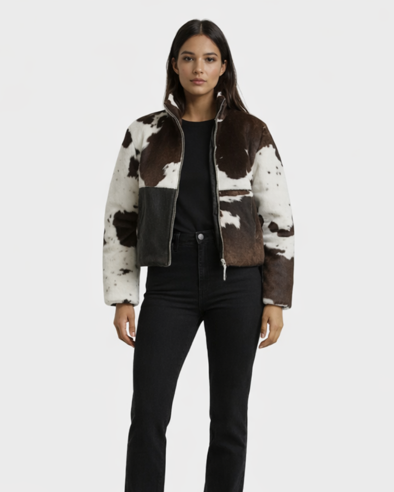 Fialová dámská bunda s potiskem – podšitá bunda rovného střihu s 7/8 rukávy, moderní styl