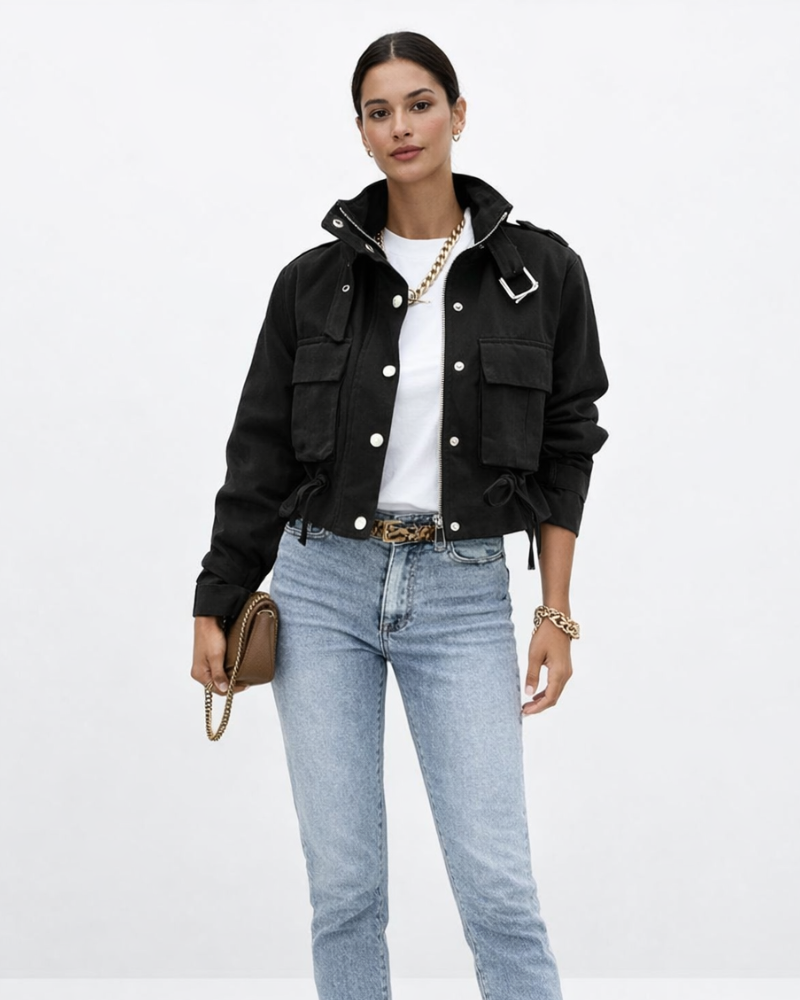 Indie Damen Kurze Utility-Jacke – Jacke mit Knopfleiste und Stehkragen im modernen Stil