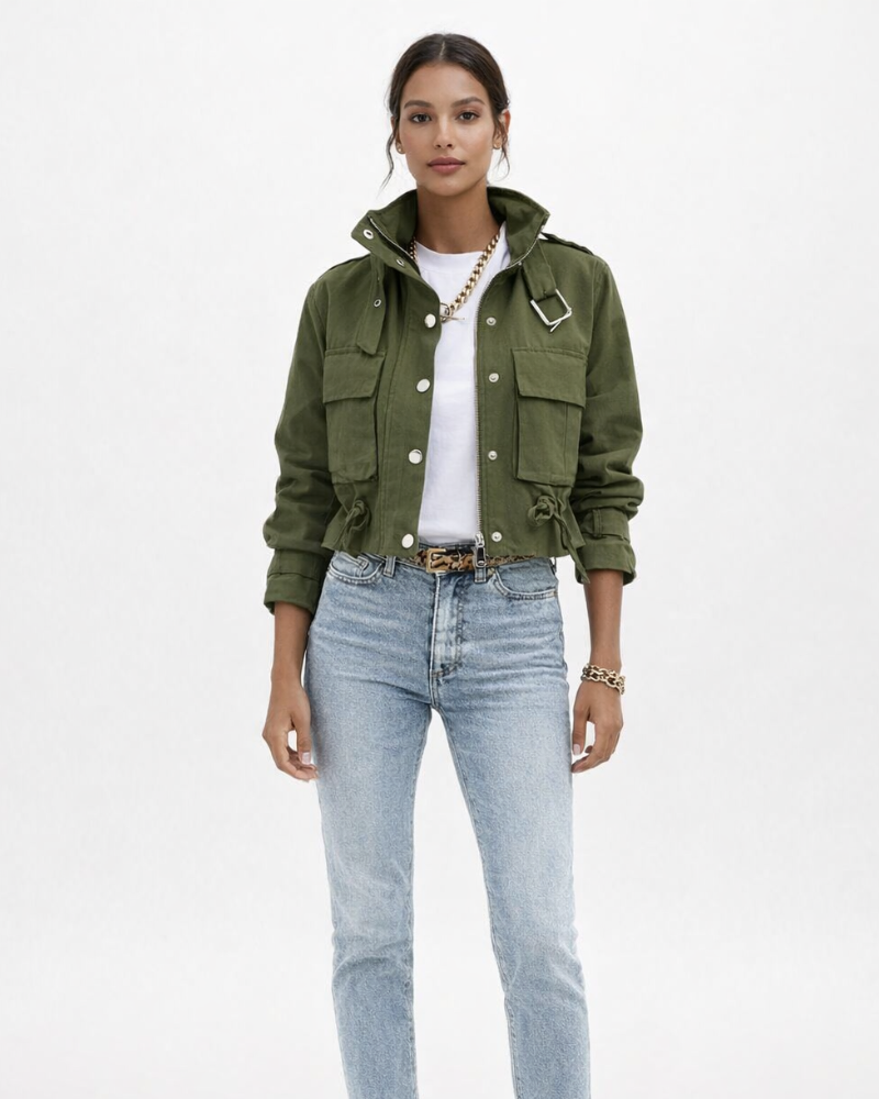 Indie Damen Kurze Utility-Jacke – Jacke mit Knopfleiste und Stehkragen im modernen Stil