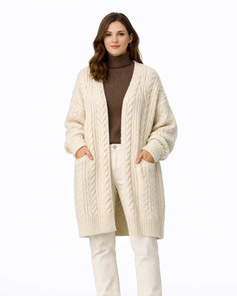Mélanie Cardigan Long Femme Maille – Gilet Long Épais Chaud Style Élégant Hiver