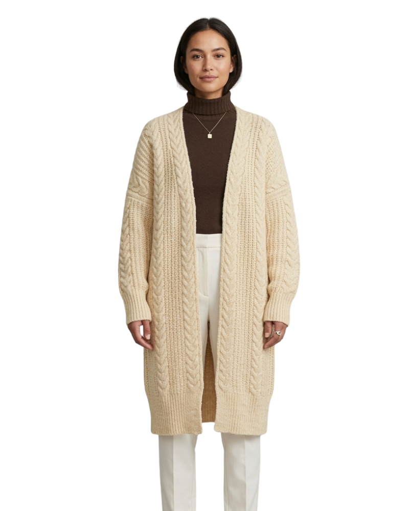 Mélanie Cardigan Long Femme Maille – Gilet Long Épais Chaud Style Élégant Hiver