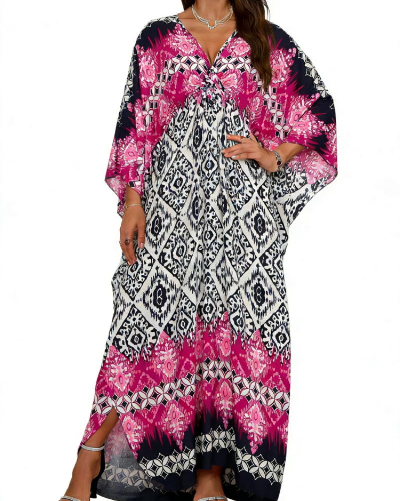 Janet Plus Size Women's Kaftan – Flowing Maxi Beach Dress, V-Neck & Bohemian Batwing Sleeves