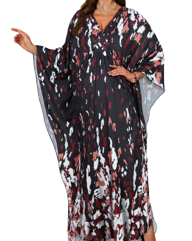 Janet Plus Size Women's Kaftan – Flowing Maxi Beach Dress, V-Neck & Bohemian Batwing Sleeves