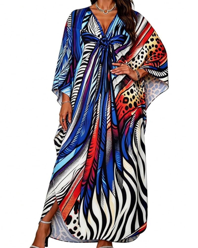 Janet Plus Size Women's Kaftan – Flowing Maxi Beach Dress, V-Neck & Bohemian Batwing Sleeves