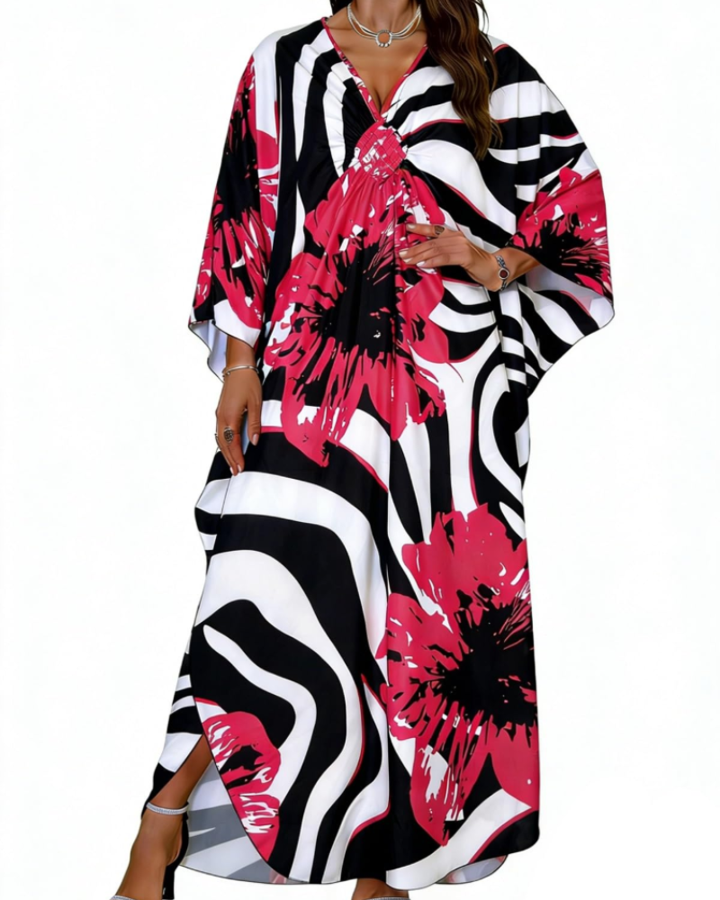 Janet Plus Size Women's Kaftan – Flowing Maxi Beach Dress, V-Neck & Bohemian Batwing Sleeves