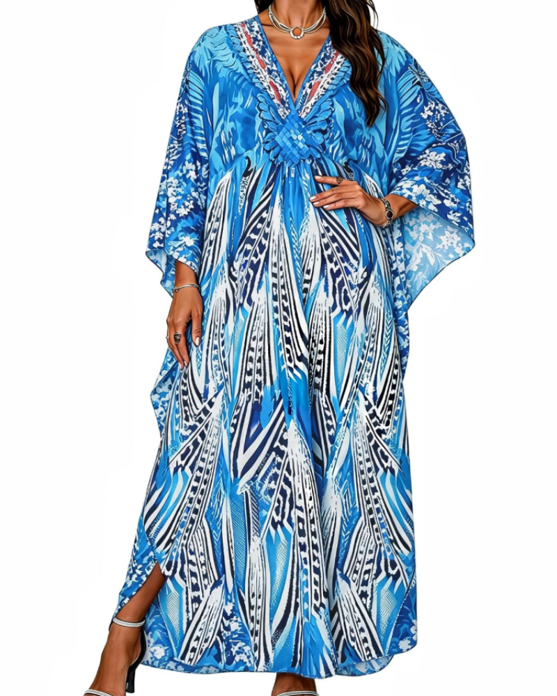 Janet Plus Size Women's Kaftan – Flowing Maxi Beach Dress, V-Neck & Bohemian Batwing Sleeves