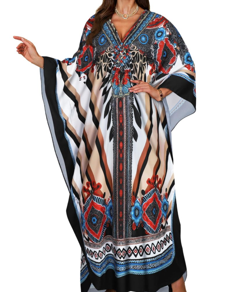 Janet Plus Size Women's Kaftan – Flowing Maxi Beach Dress, V-Neck & Bohemian Batwing Sleeves