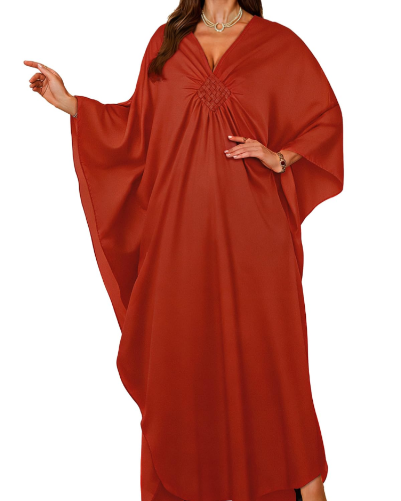 Janet Plus Size Women's Kaftan – Flowing Maxi Beach Dress, V-Neck & Bohemian Batwing Sleeves