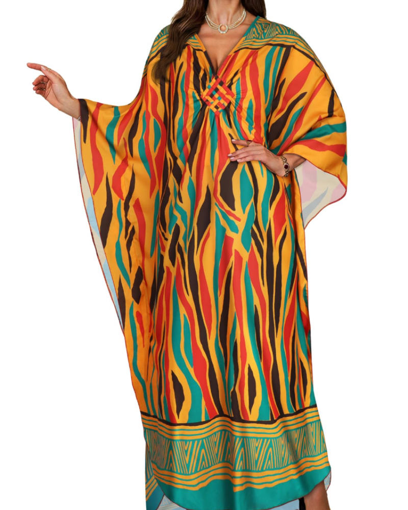 Janet Plus Size Women's Kaftan – Flowing Maxi Beach Dress, V-Neck & Bohemian Batwing Sleeves