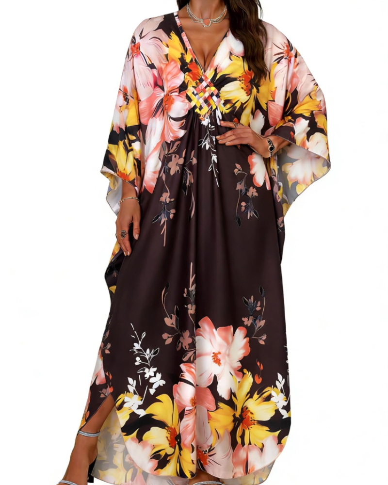 Janet Plus Size Women's Kaftan – Flowing Maxi Beach Dress, V-Neck & Bohemian Batwing Sleeves