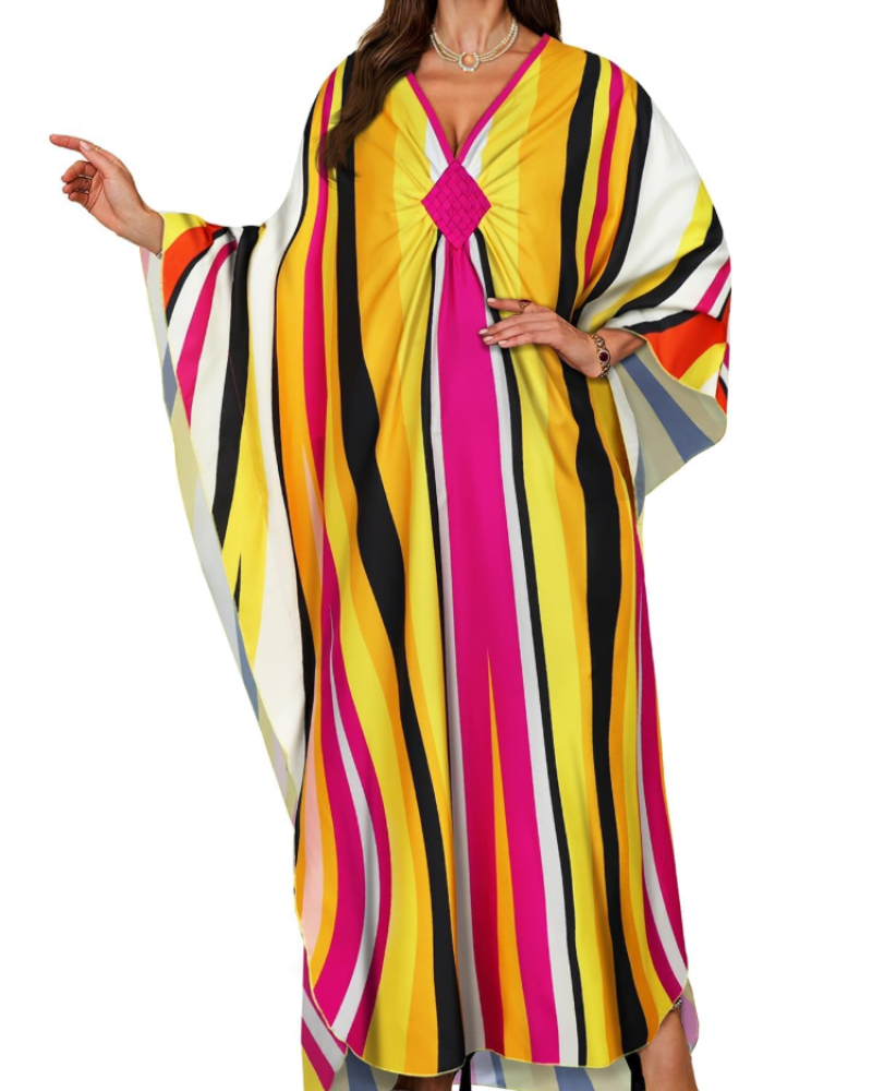 Janet Plus Size Women's Kaftan – Flowing Maxi Beach Dress, V-Neck & Bohemian Batwing Sleeves