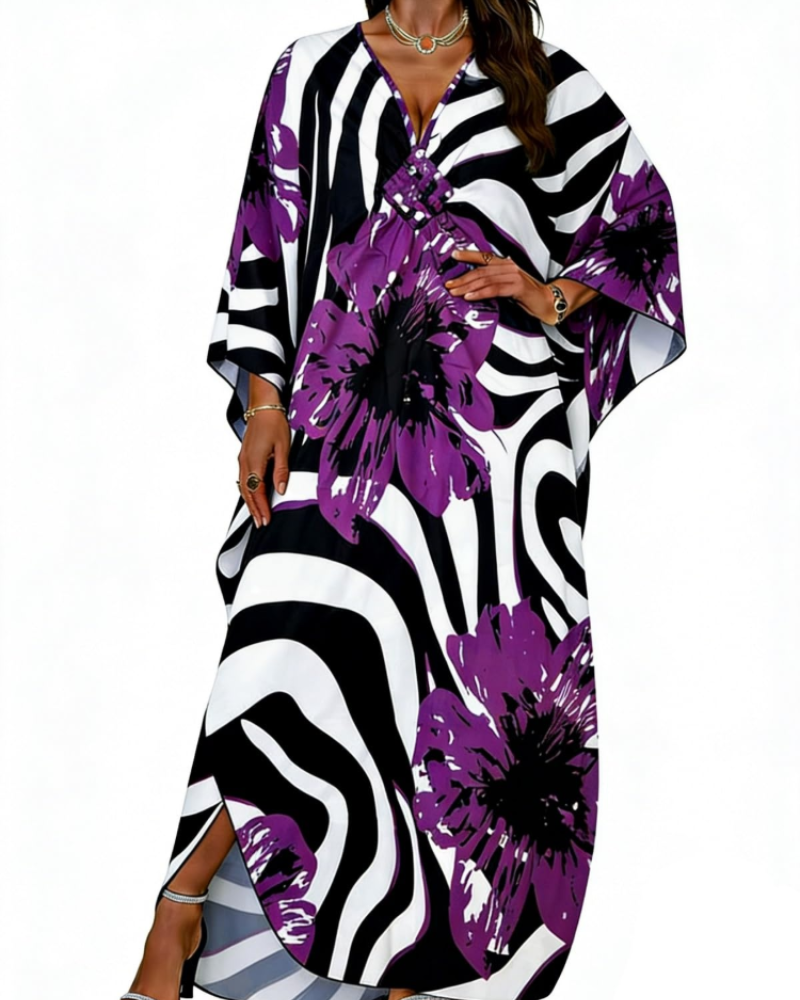 Janet Plus Size Women's Kaftan – Flowing Maxi Beach Dress, V-Neck & Bohemian Batwing Sleeves
