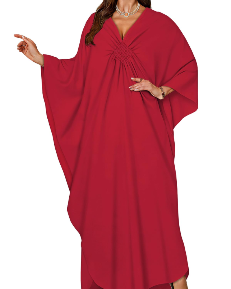 Janet Plus Size Women's Kaftan – Flowing Maxi Beach Dress, V-Neck & Bohemian Batwing Sleeves