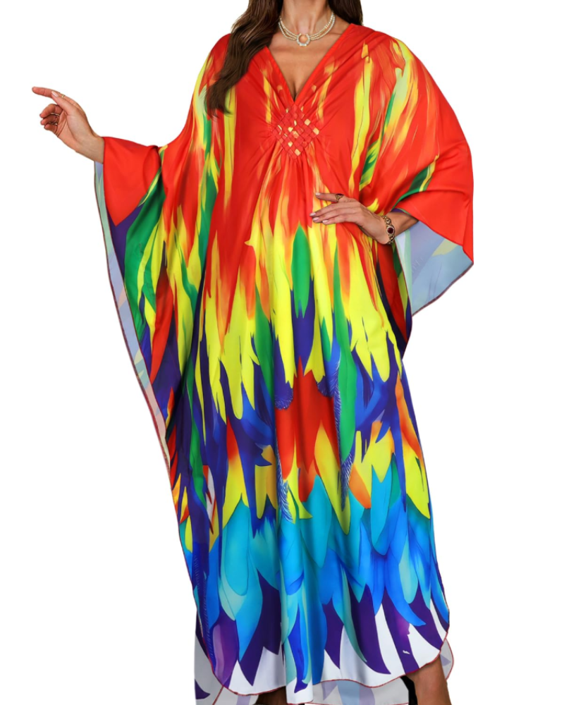 Janet Plus Size Women's Kaftan – Flowing Maxi Beach Dress, V-Neck & Bohemian Batwing Sleeves