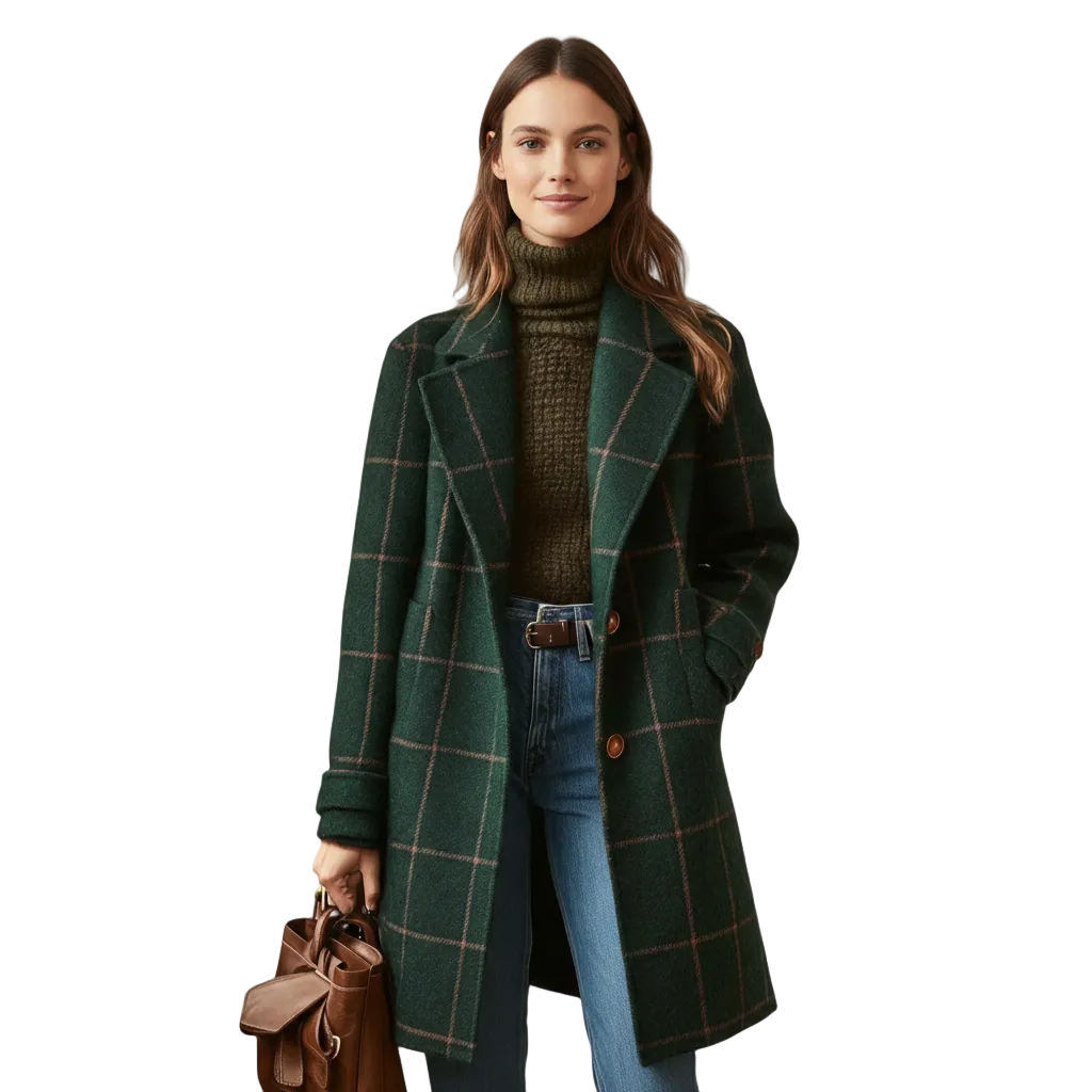 Jaziel Women's Green Checkered Coat – Elegant Cut, Winter Warmth & Timeless Style