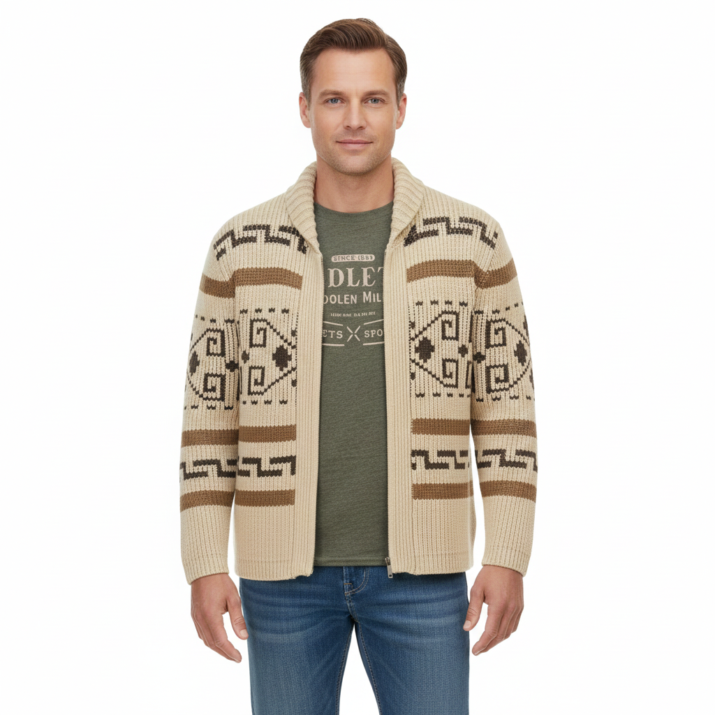 Cardigã Josh Homem Jacquard Western – Malha Grossa, Fecho & Estilo Vintage Outdoor