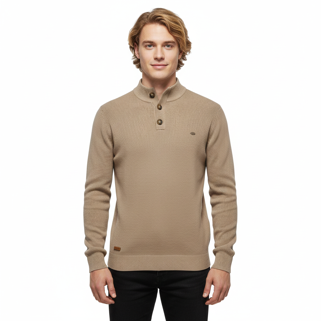 Julian Pull Homme Mock Neck Boutonné – Dzianina Żebrowana, Krój Regularny i Styl Elegancki