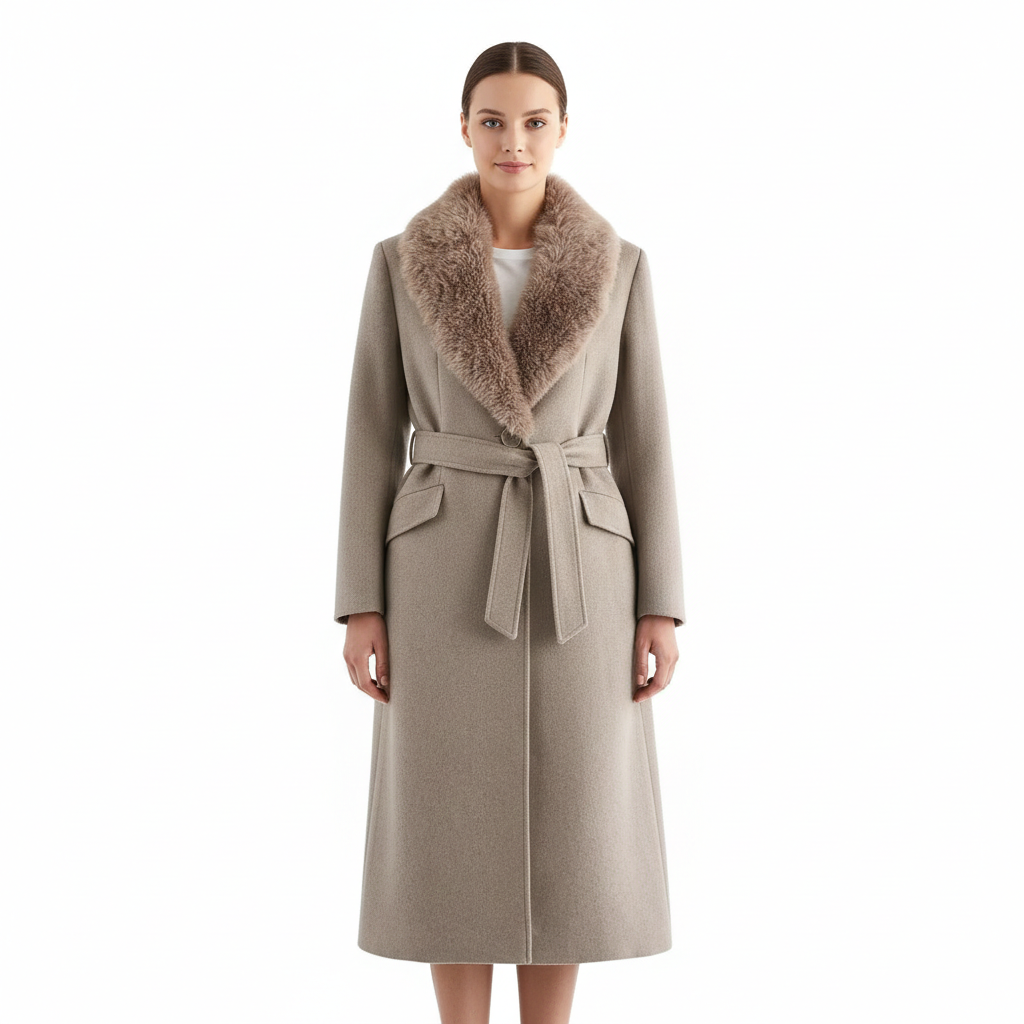 Abrigo de mujer junio invierno – Cuello de piel sintética, cinturón ajustable y calor elegante