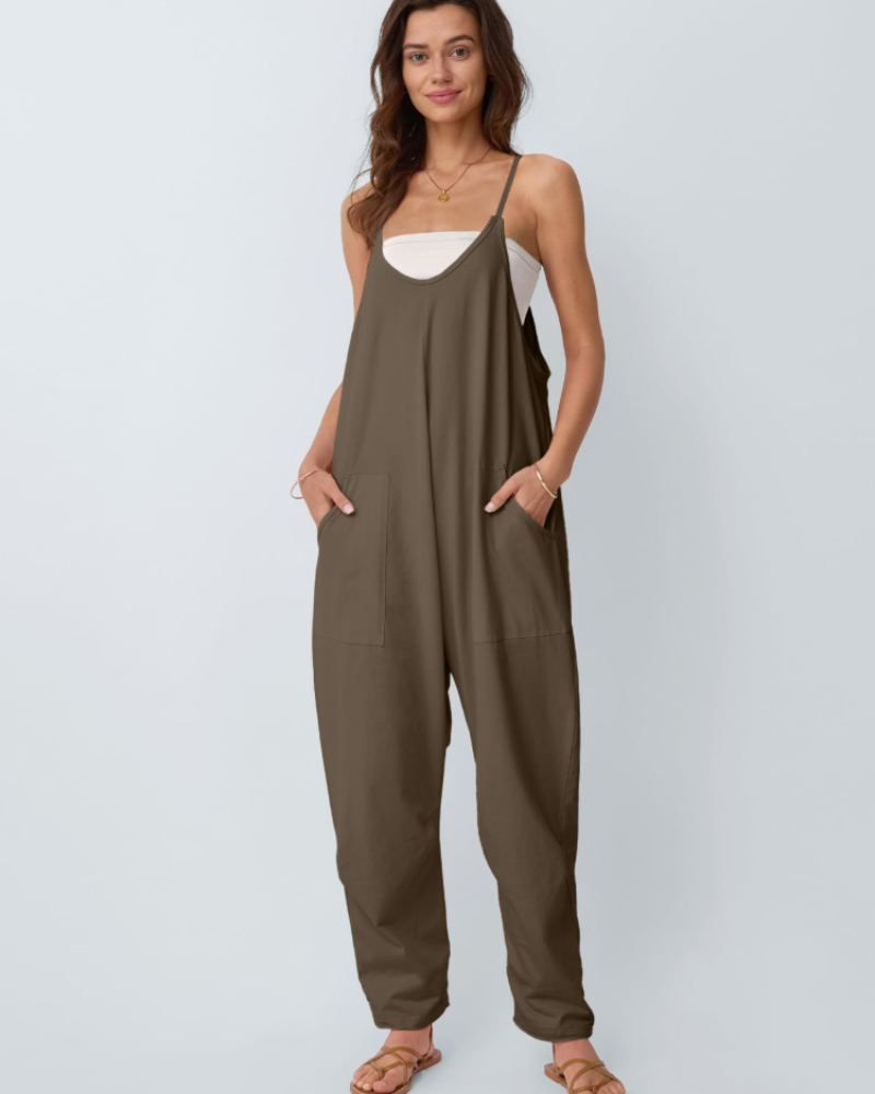 Kathrine Dámský Overal – Letní Volný Overal s Ramínky, Výstřihem do V a Kapsami Casual Chic