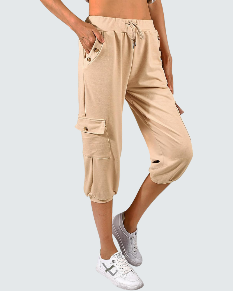 Léa Pantalon Capri Femme – Pantalon 3/4 Taille Haute avec Poches & Cordon Ajustable