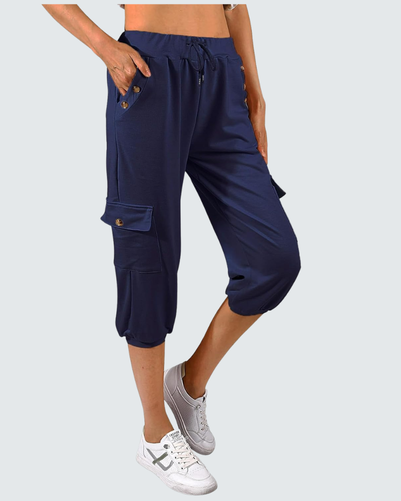 Léa Pantalon Capri Femme – Pantalon 3/4 Taille Haute avec Poches & Cordon Ajustable