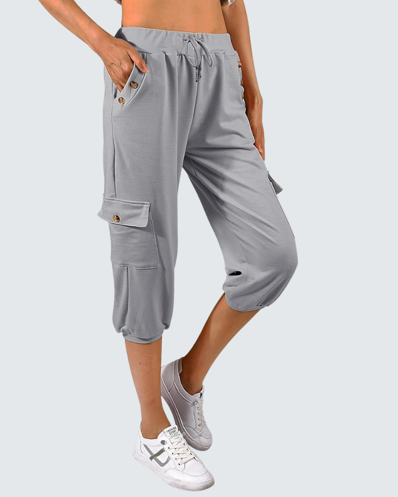 Léa Pantalon Capri Femme – Pantalon 3/4 Taille Haute avec Poches & Cordon Ajustable