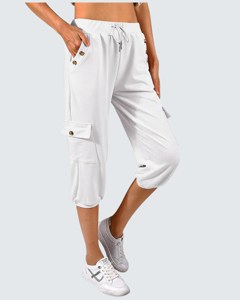 Léa Pantalon Capri Femme – Pantalon 3/4 Taille Haute avec Poches & Cordon Ajustable