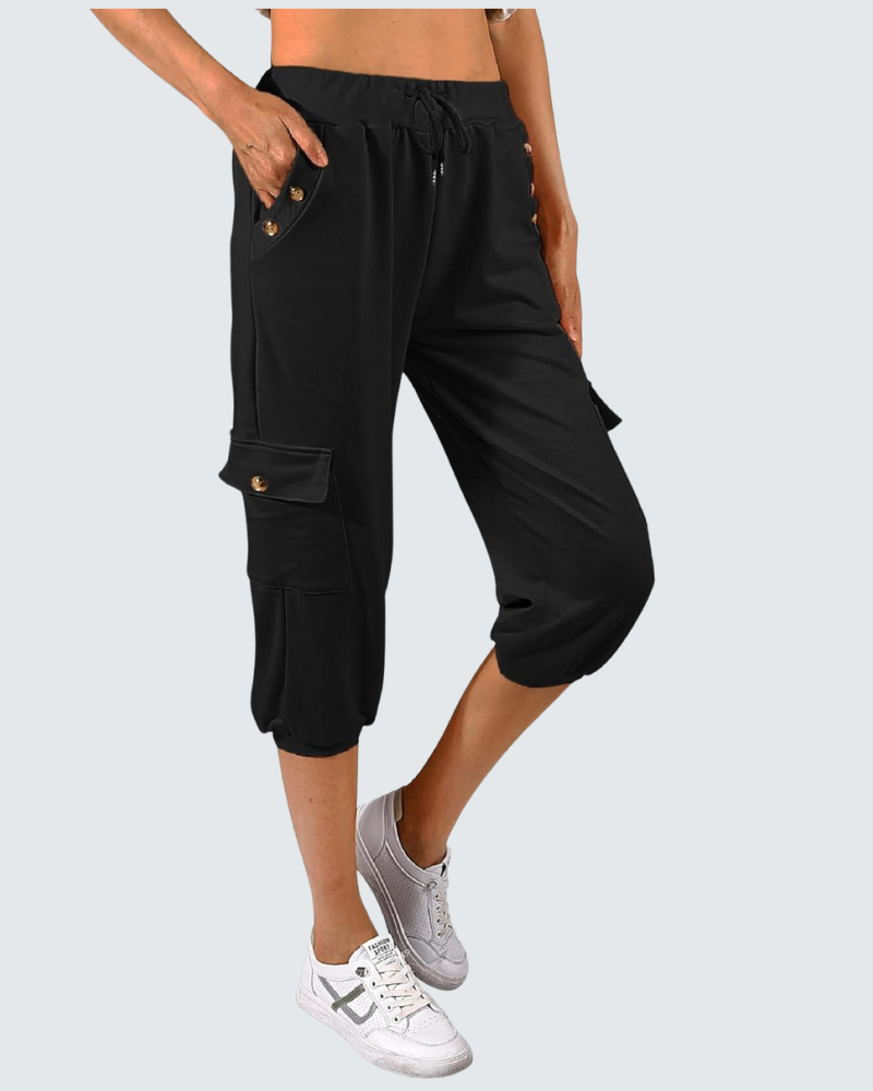 Léa Pantalon Capri Femme – Pantalon 3/4 Taille Haute avec Poches & Cordon Ajustable