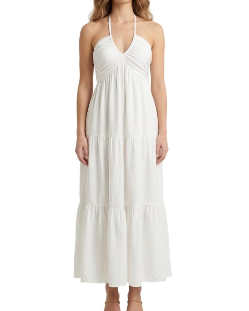 Leticia Sukienka Maxi Damska – Regulowany Halter, Luźny Krój z Falbanami i Kieszeniami na Lato
