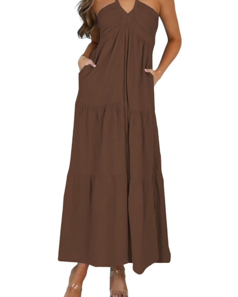Leticia Sukienka Maxi Damska – Regulowany Halter, Luźny Krój z Falbanami i Kieszeniami na Lato