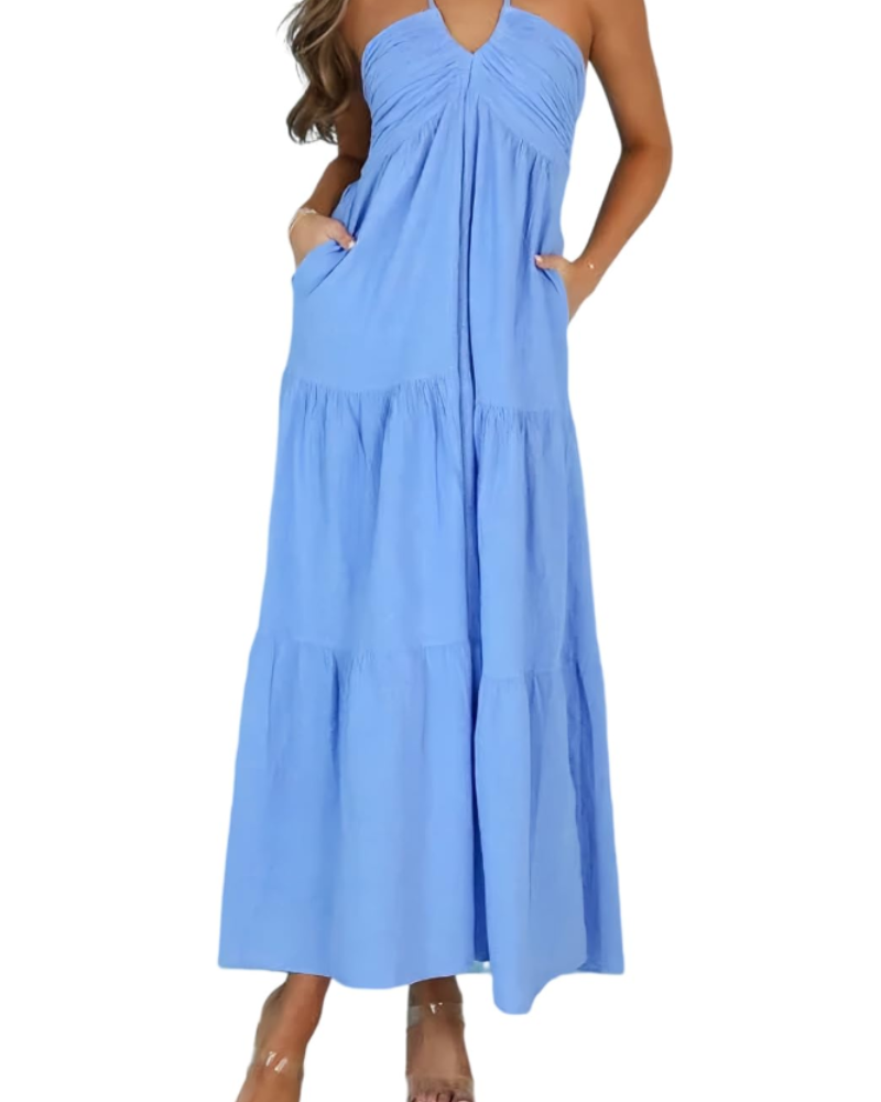 Leticia Sukienka Maxi Damska – Regulowany Halter, Luźny Krój z Falbanami i Kieszeniami na Lato