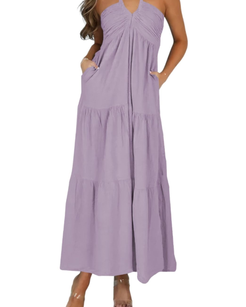 Leticia Sukienka Maxi Damska – Regulowany Halter, Luźny Krój z Falbanami i Kieszeniami na Lato