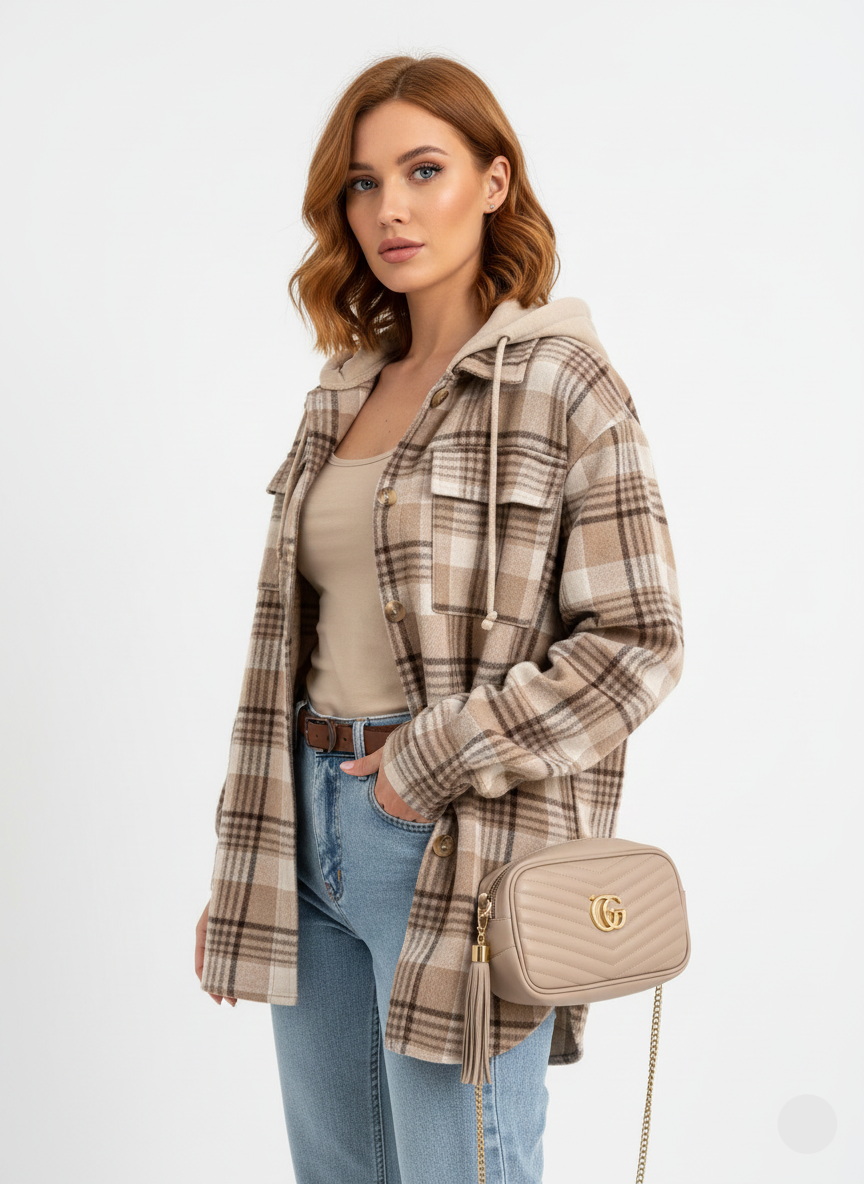 Lian Manteau Femme à Capuche – Veste À Carreaux Chaude avec Coupe Décontractée