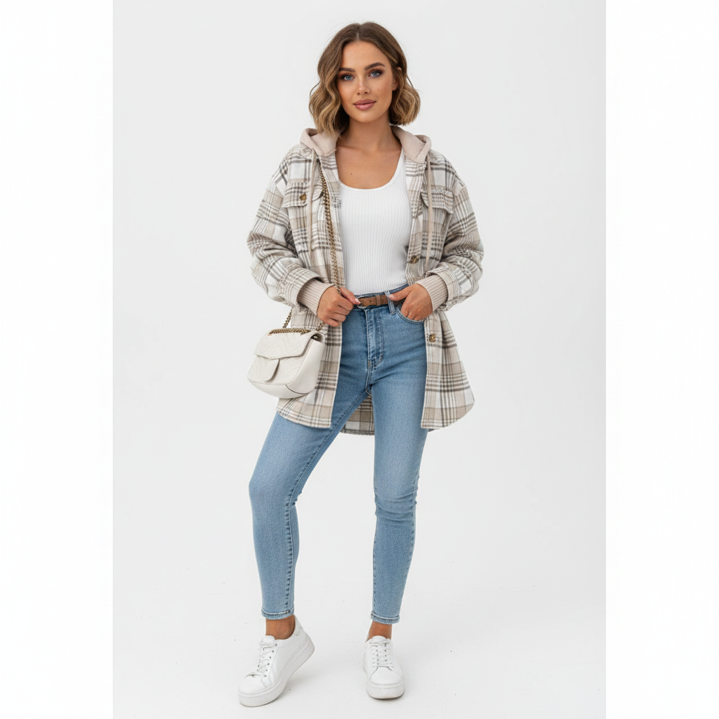 Lian Manteau Femme à Capuche – Veste À Carreaux Chaude avec Coupe Décontractée