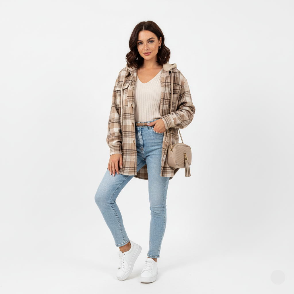 Lian Manteau Femme à Capuche – Veste À Carreaux Chaude avec Coupe Décontractée