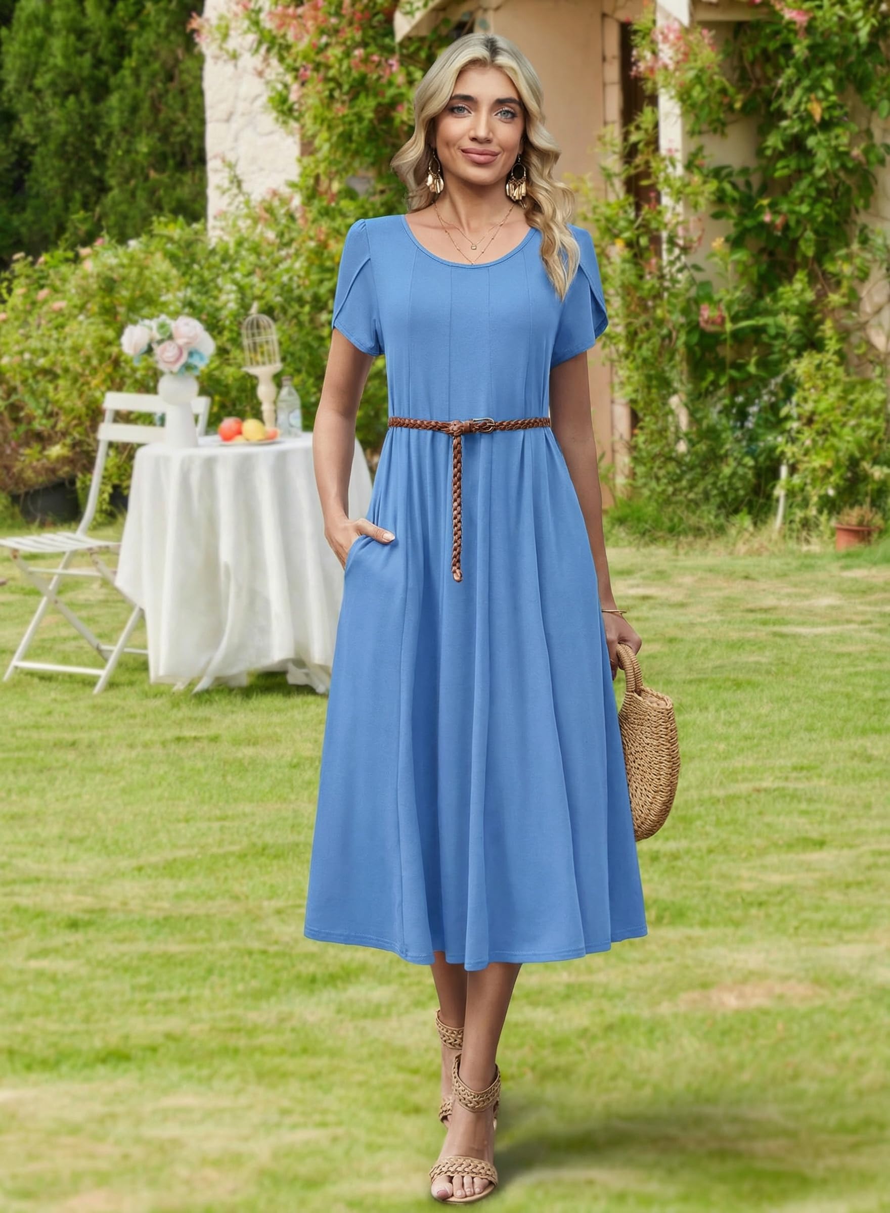 Wella Robe Femme – Sukienka z okrągłym dekoltem, krótkimi rękawami, krojem swing midi i kieszeniami na lato