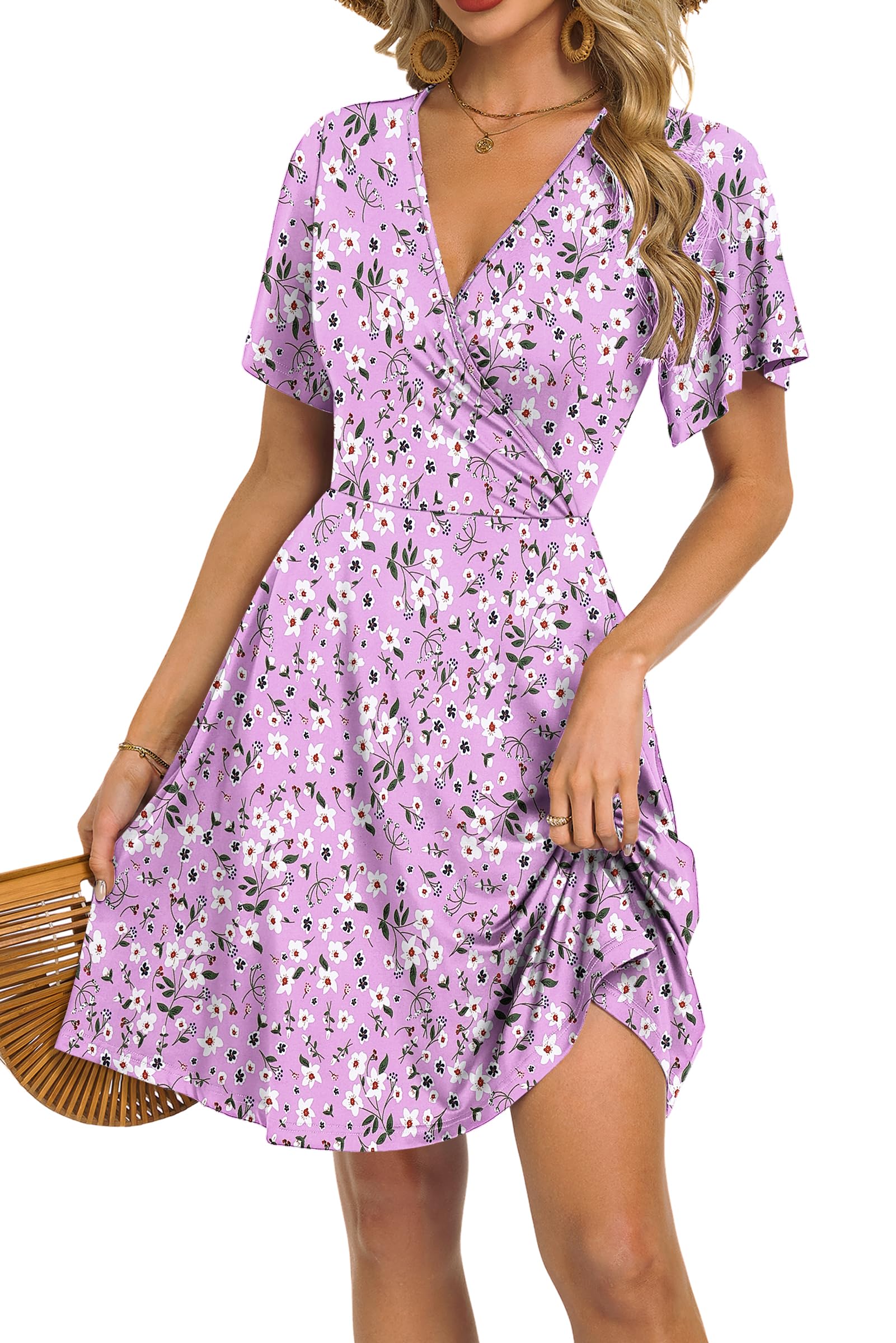Mariselle Women's Dress – Floral V-Neck Wrap, Empire Waist & Pockets, A-Line Summer Cut