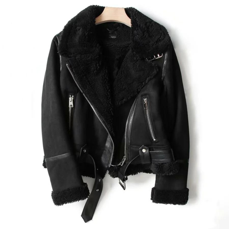 Beverly Biker-Mantel Damen – Warme Wildleder-Shearling-Jacke mit modernem Stil & Reißverschluss-Details