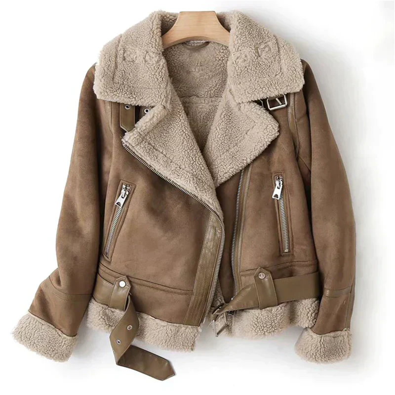 Beverly Biker-Mantel Damen – Warme Wildleder-Shearling-Jacke mit modernem Stil & Reißverschluss-Details