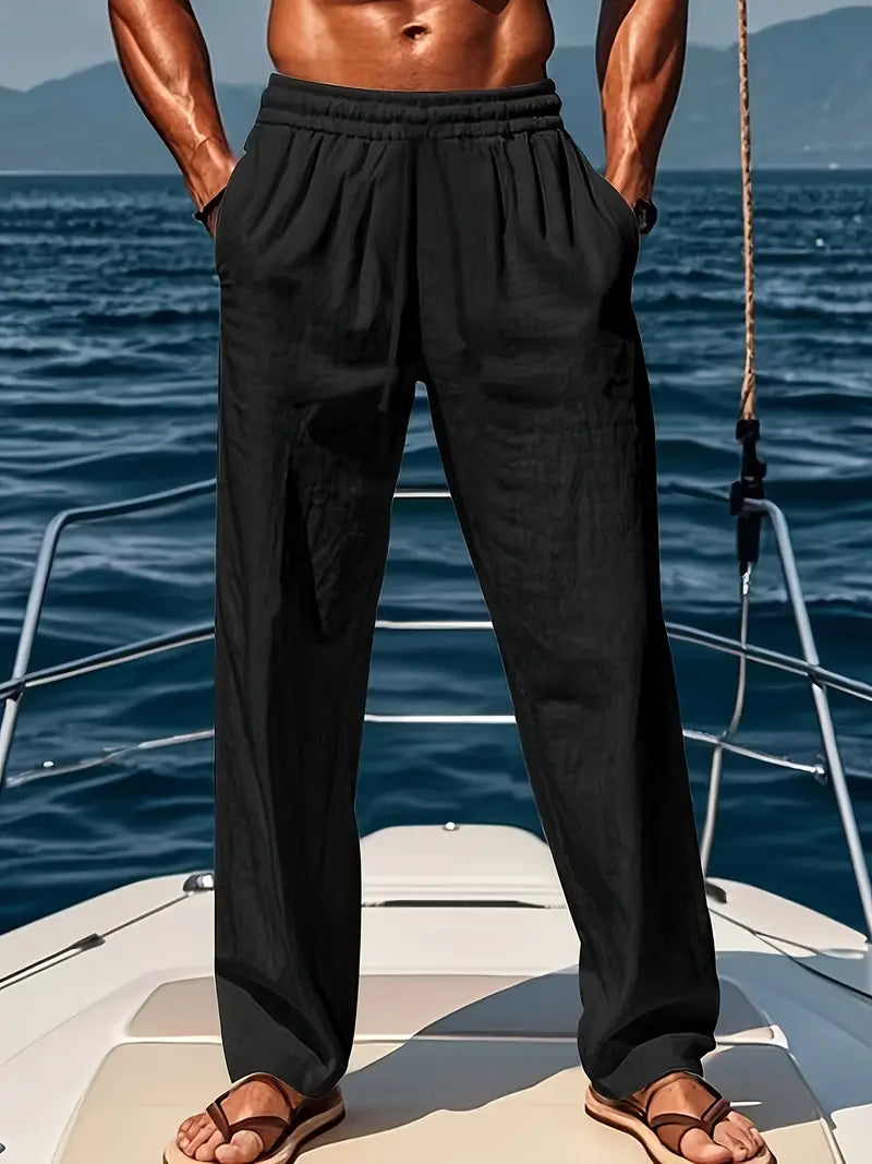 Pantalones de Ethan Men - pantalones de lino grandes transpirables con una copa de estilo amplia y elegante verano