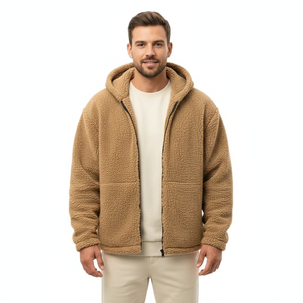 Lucio Veste Teddy Herre – Varm Fleece med Hætte, Lynlås og Sikkerhedslommer