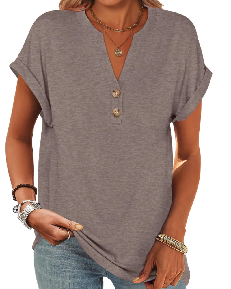 Manon Top Femme – Blouse Henley Col V Boutonné, Coupe Fluide Casual Chic Été