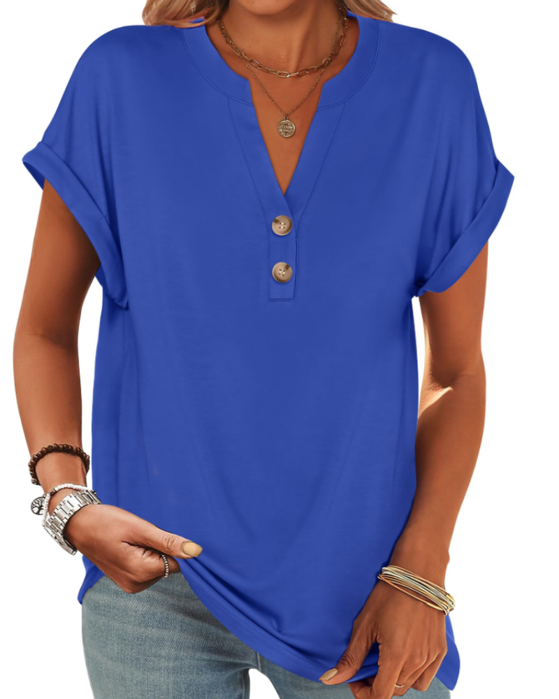 Manon Top Femme – Blouse Henley Col V Boutonné, Coupe Fluide Casual Chic Été