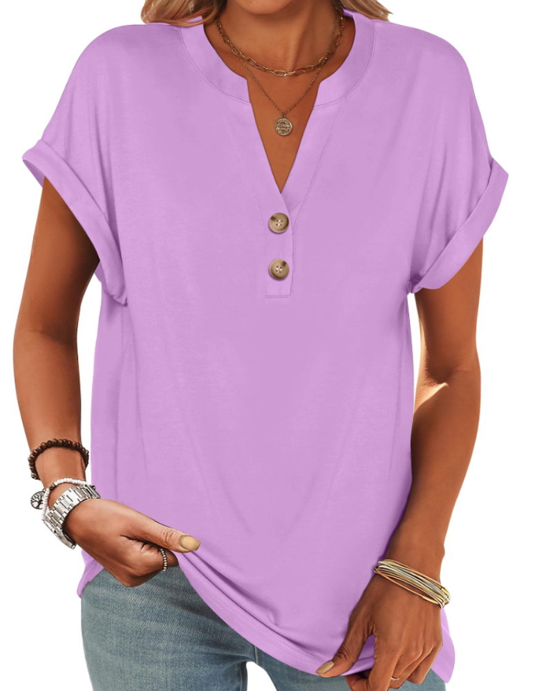 Manon Top Femme – Blouse Henley Col V Boutonné, Coupe Fluide Casual Chic Été