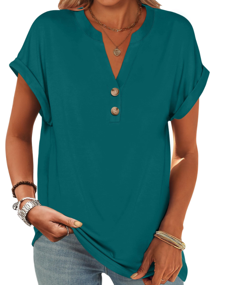 Manon Top Femme – Blouse Henley Col V Boutonné, Coupe Fluide Casual Chic Été