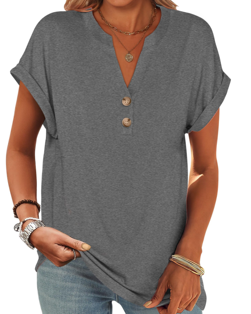 Manon Top Femme – Blouse Henley Col V Boutonné, Coupe Fluide Casual Chic Été